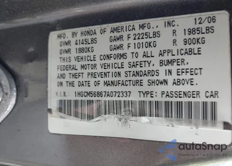 2007 Honda Accord 2.4 Ex from USA, damaged, VIN 1HGCM56867A072337